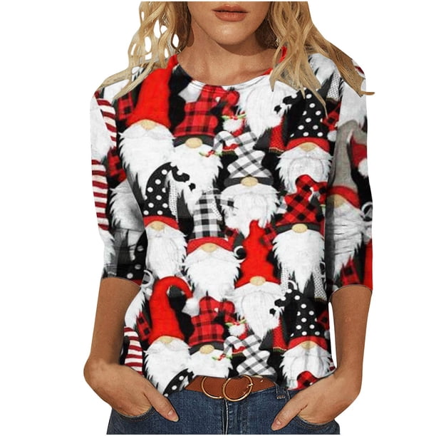 Camisas Navideñas Para Mujer Tops de Cuello Redondo Moda Impresa Suelta 3/4 Mangas Blusa Informal Odeerbi ODB194567