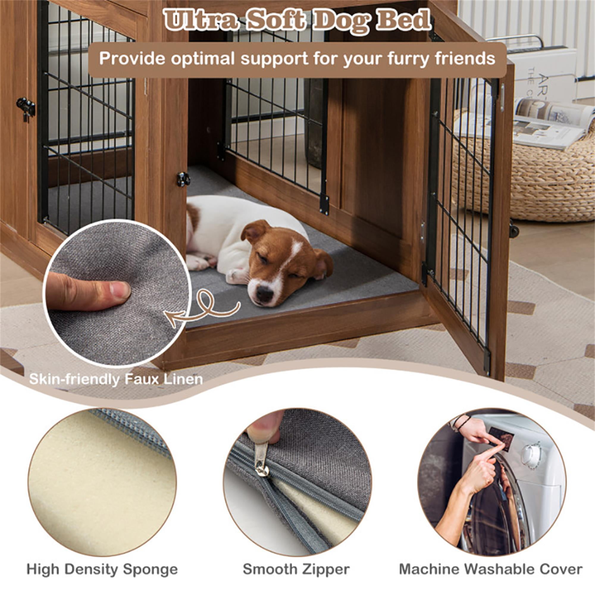Kadyn 36" Wood Dog Crate Furniture with Door Lock and Cushion, Indoor Decorative Double Doors Dog Cage for Small Dogs, Brown