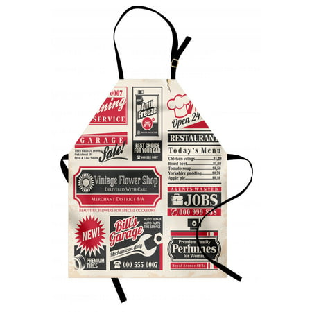Retro Apron Retro Newspaper Magazine Design Outdated Layout Different Topics Title Artwork, Unisex Kitchen Bib Apron with Adjustable Neck for Cooking Baking Gardening, Cream Red Black, by