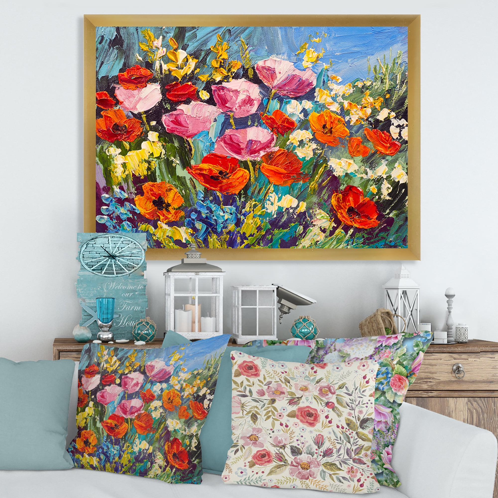 Designart 'Colorful Spring Poppies In Field' Traditional Framed Art Print
