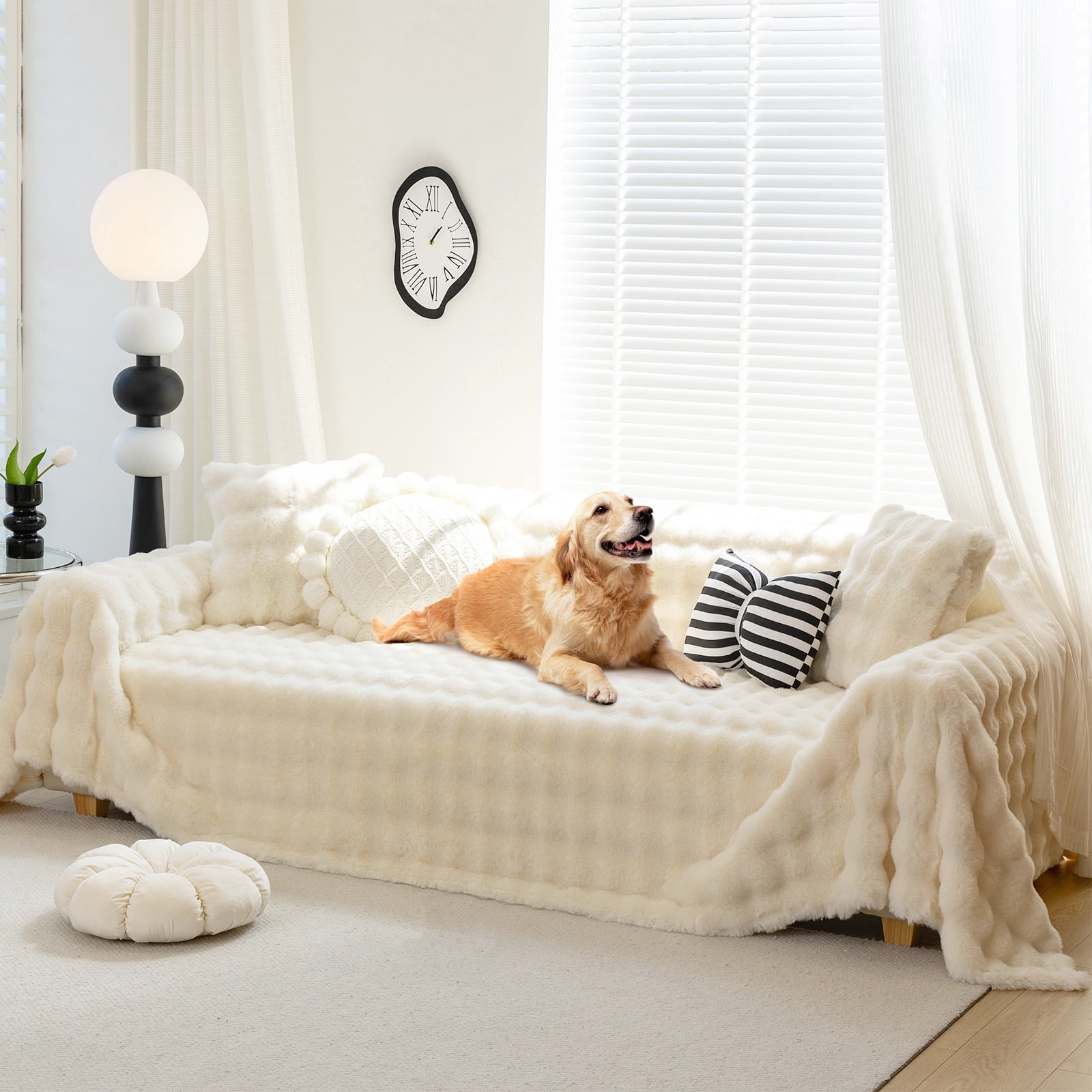 WOOW DEPOT Warm Faux Rabbit Fur Sofa Cover Machine Washable, Thick Throw Blanket L Shape Slipcover for 3 Cushion Couch, Beige Cream 71"x134"