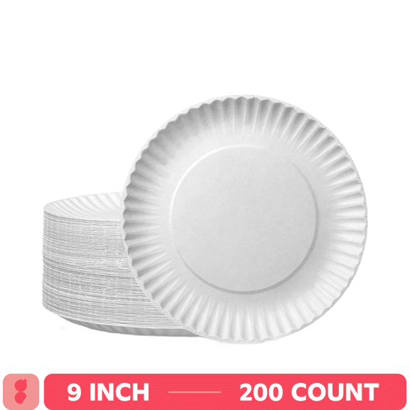 GUSTO 9 Inch Paper Plates Bulk Pack White Disposable Plates Heavy Duty, 200-Pack