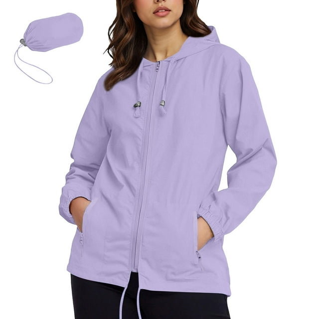 Pincandy Imperméable pour Femmes, Manteau de Pluie Léger, Trench à Capuche Coupe-Vent avec Poches pour l'Extérieur