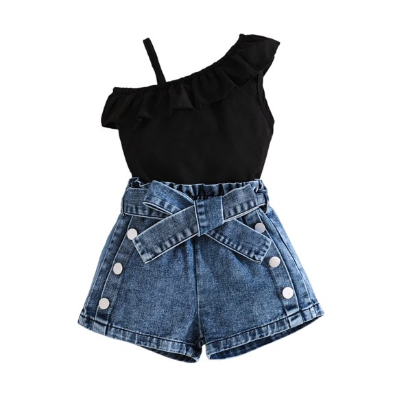 BemeyourBBs Toddler Baby Girls Summer Outfits Denim 2 Pieces Outfit Baby Girl Summer Clothes Sleeveless One Shoulder Ruffle Tank Vest Tops and Jeans Shorts Set with Belt