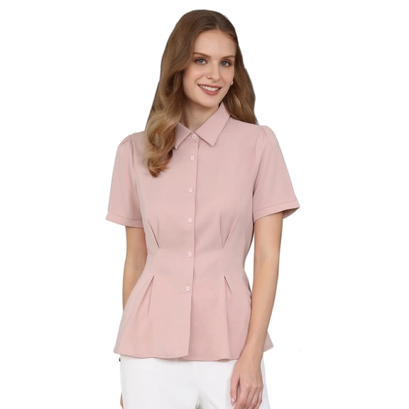 DARING DIVA Women's Button Down Short Sleeve 2026 Summer Pleated Front Blouse S Pink
