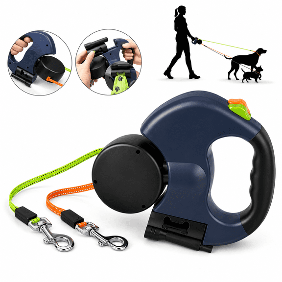 Retractable Double Dog Leash Coupler with 360° Swivel Tangle Free Adjustable Dual Pet Leash Splitter Heavy Duty Walking Lead Attachment For Small Medium Large Dogs Outdoor Training