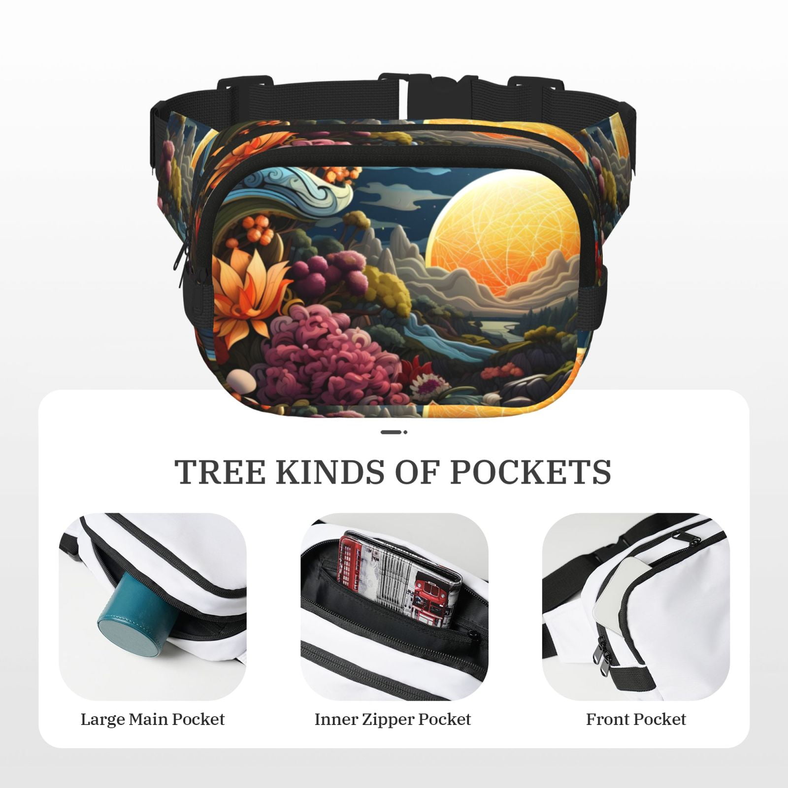 Picia Sunset Floral Fantasy Landscape Print Square Double-Layer Waist Bag Mini Adjustable Waist Belt Bag Exercise Running Travel Hiking