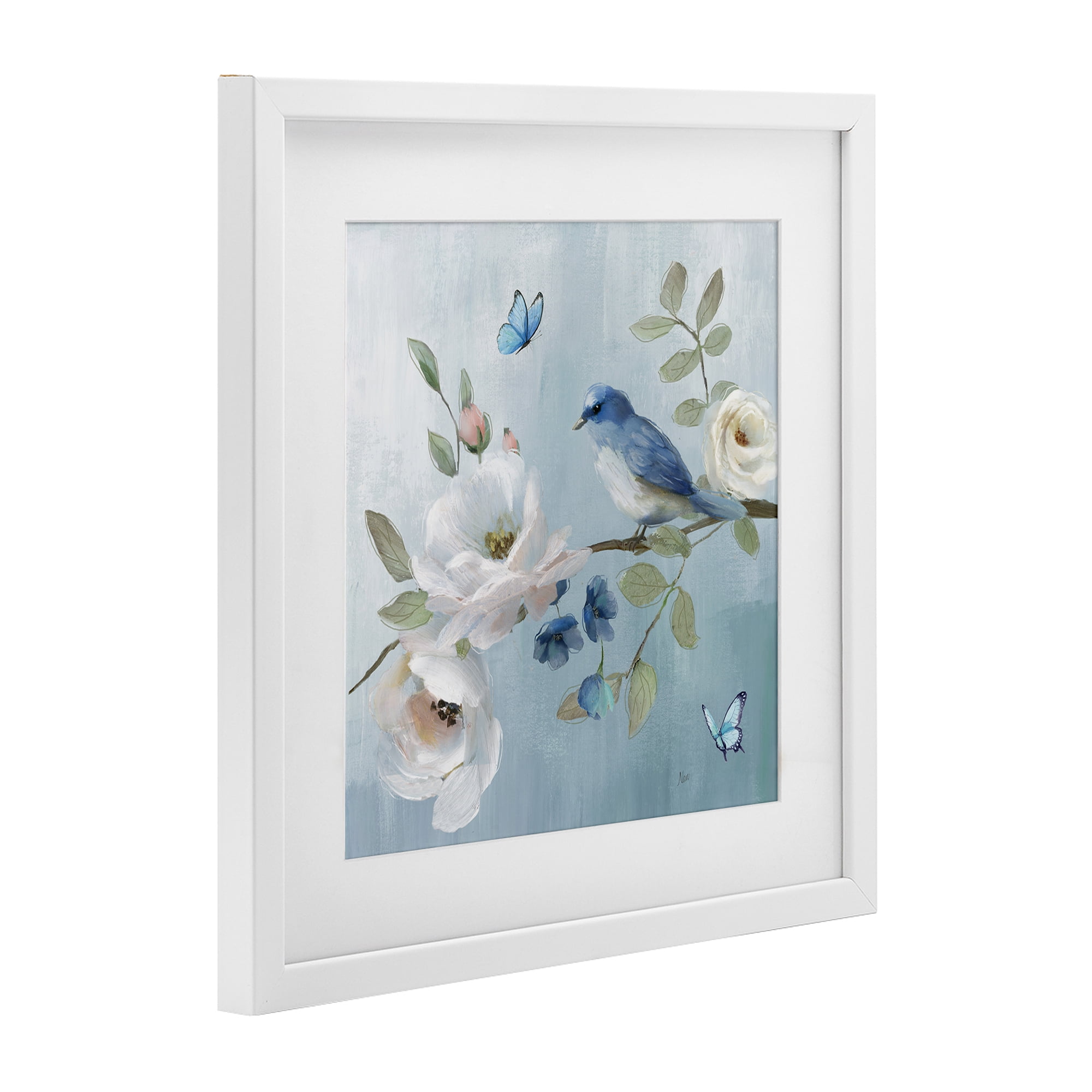 Stupell Industries Pastel Blue Bird Blooms White Framed Print Under Glass, design by Nan
