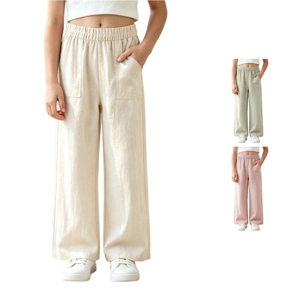RMGVDSD Back to School Pants for Girls Wide Leg Pants Elastic Waist Lightweight Casual Trousers Loose Comfortable Long Pants for Girls 11-12 Years