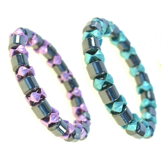 Women Cylindrical Bead Purple and Blue Hematite Stretch Bracelet – set of 2 - 91176