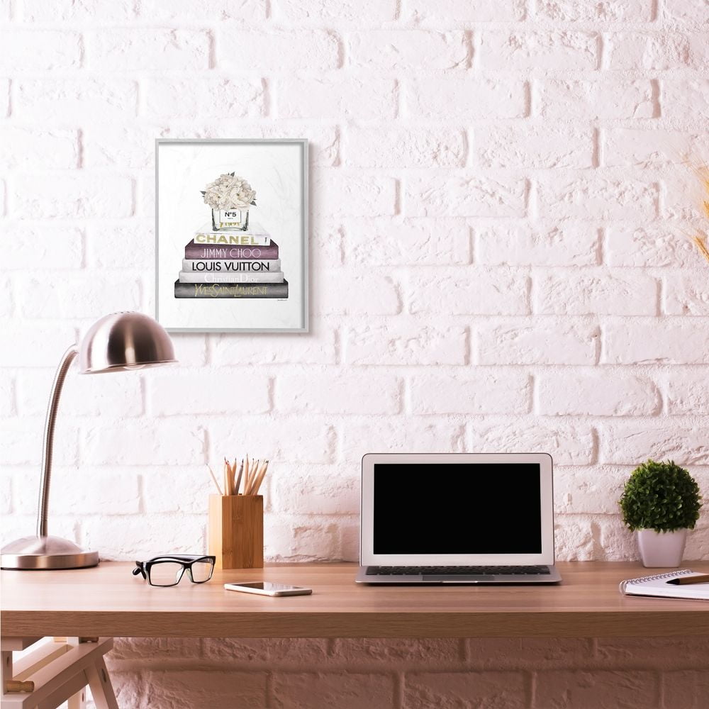 Stupell Industries White Flower Pink Gold Bookstack Glam Fashion Design Framed Wall Art by Amanda Greenwood