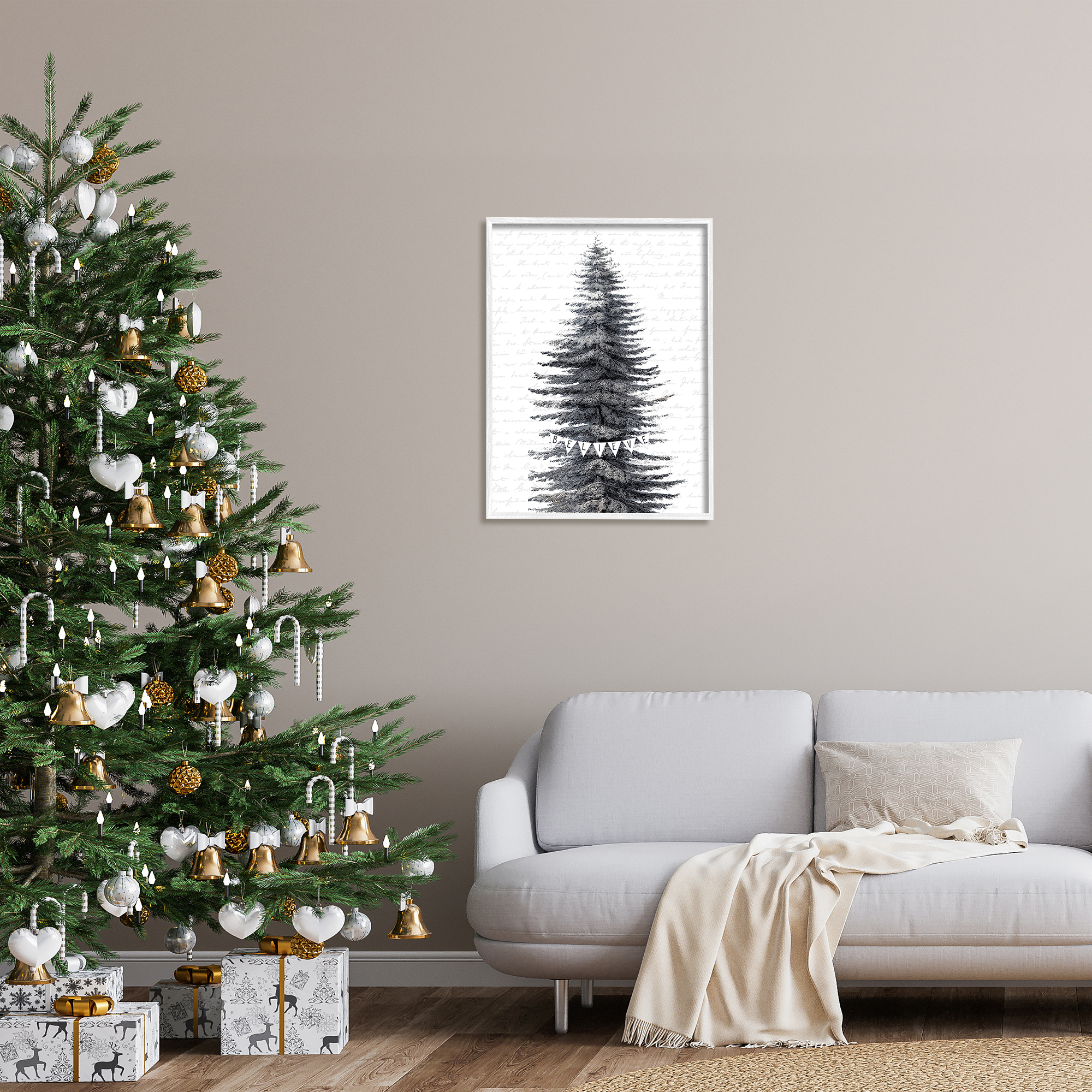 Stupell Industries Snow Covered Christmas Tree Believe Holiday Word Design Graphic Art Framed Art Print Wall Art, 24x30, By Lettered and Lined