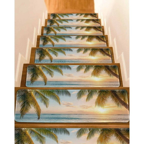 Coastal Beach Stair Treads for Wooden Steps Indoor Runner Rug Carpet, Summer Tropical Palm Trees Ocean 7 Pieces Peel and Stick Staircase Step Treads Covers Washable Throw Door Mats, 30"x8"