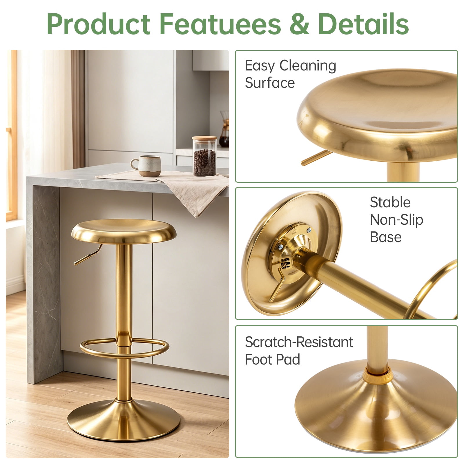 Gold Bar Stools Set of 2, 360° Swivel Round Adjustable Counter Height Bar Stools, Industrial Backless Metal Bar Chairs for Kitchen Island with Footrest