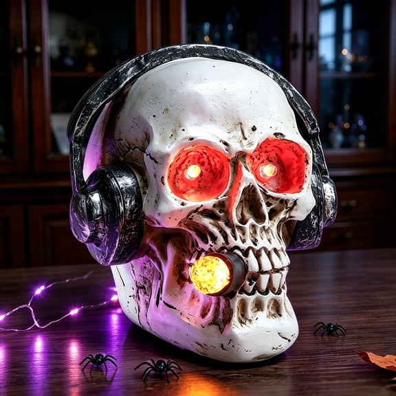 Halloween LED Light Up Skull Decorations, Cigar Headphones Resin Figurine Spooky Tabletop Home Decor