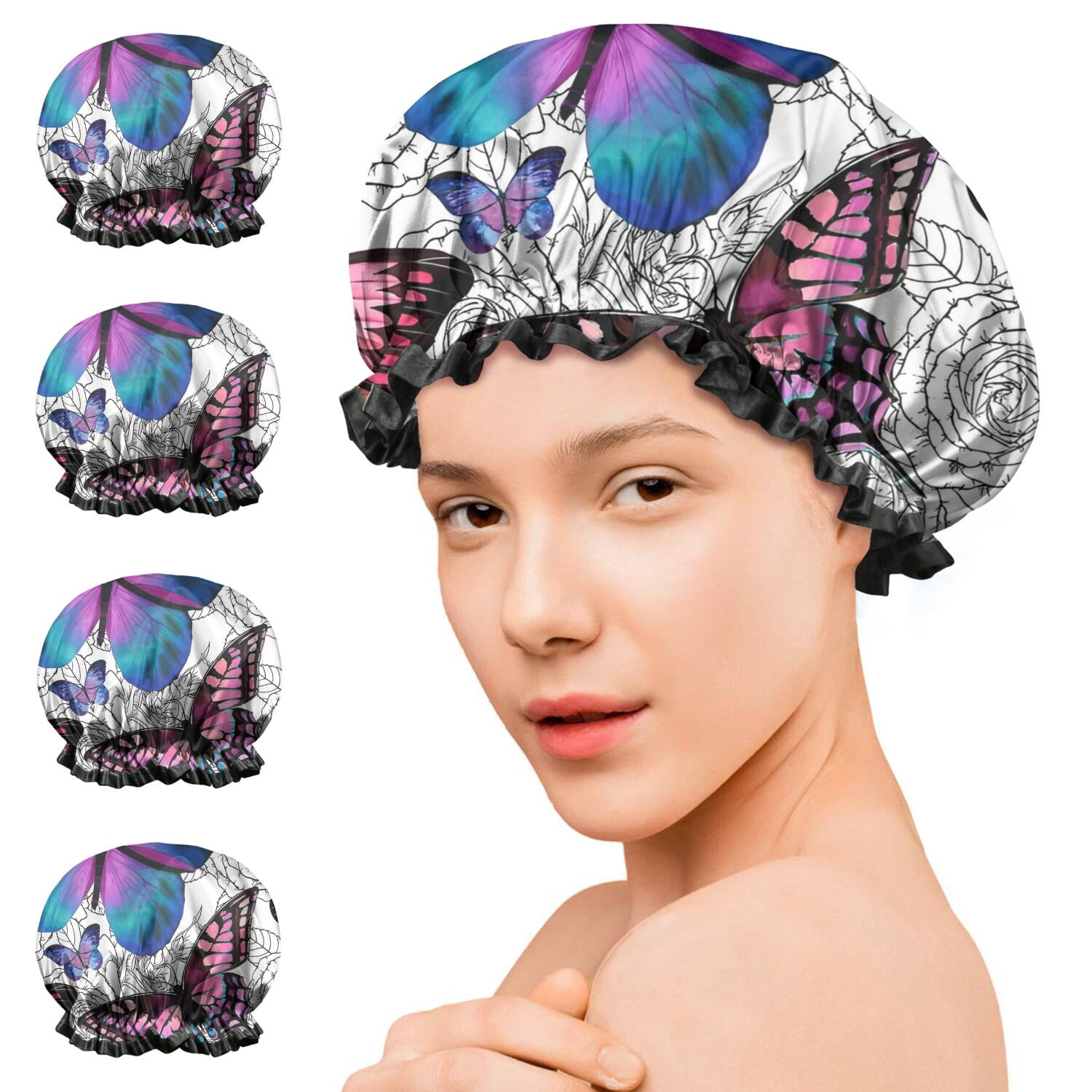 Shower Caps,Purple Butterfly Rose Pattern Waterproof Shower Cap for Women 4 Pieces,Double Reusable Hair Cover for Shower PEVA Elastic Stretch Hem