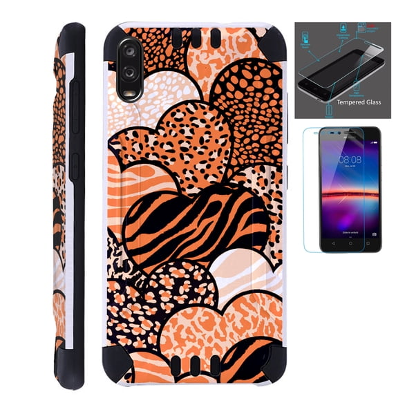 WORLD ACC Combat Guard Phone Case Compatible with TCL A2X + Screen Protector Brushed Metal Texture Hybrid Cover (Brown Heart Zebra)