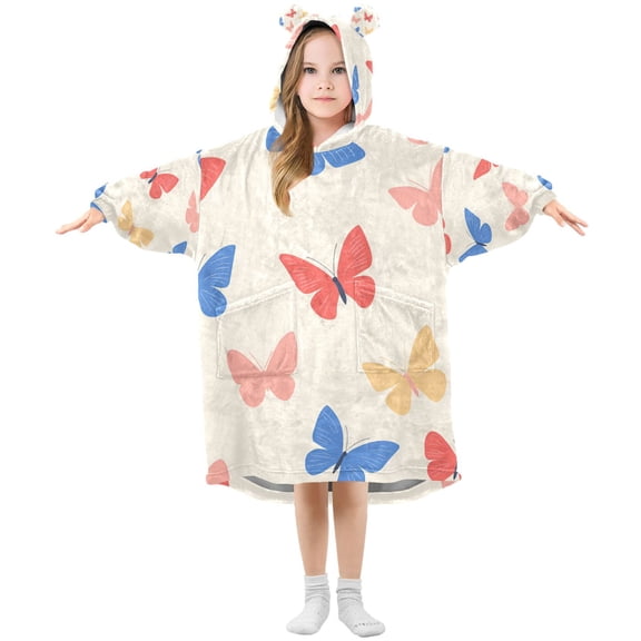 FORMRS Wearable Blanket Hoodie with Sleeves for Kids Cozy Flannel Sweatshirt, Red Butterflies