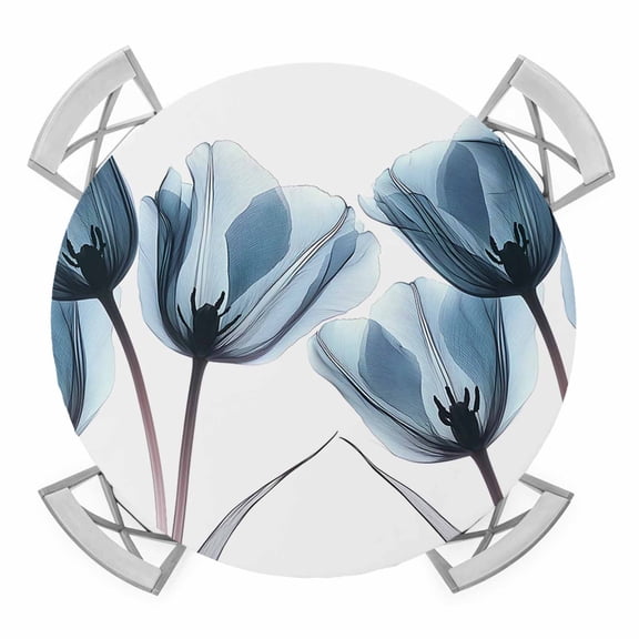 Navy Blue Tulip Round Fitted Tablecloth with Elastic Edge, Waterproof Table Cloth Table Cover for 45"-54" Tables, Watercolor Farmhouse Floral Botanical Tablecloths for Dining Picnic Indoor Outdoor