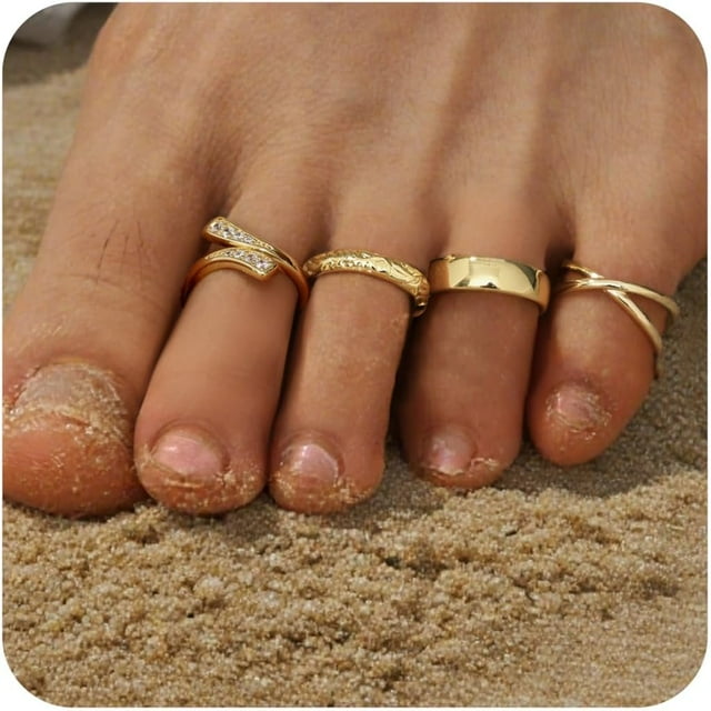 4Pcs 14K Gold Plated Toe Rings for Women Adjustable Gold Toe Ring Set Non Tarnish Open Band Toe Rings Stacking CZ Bow Summer Beach Foot Jewellery for Women