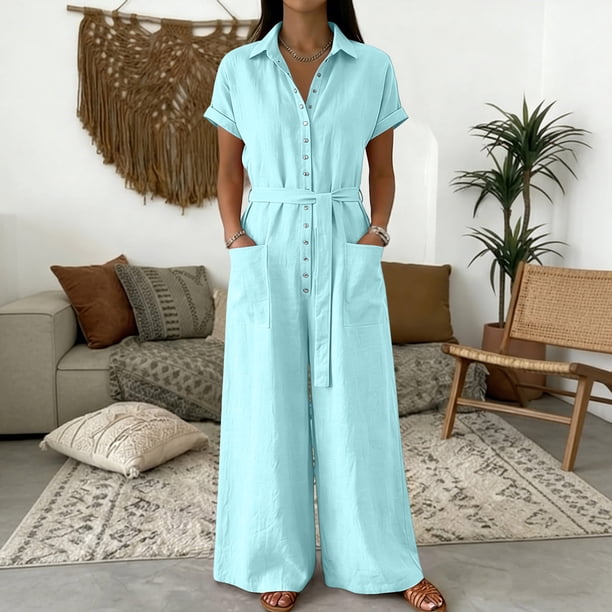jumper dress for curvy ladies Sentmoon Short Sleeve Lapel Womens Jumpsuit Solid Color Button Down Regular Fit Women Outfits Summer Daily and Commute S-2XL Pretty Baby Clothes for Kids