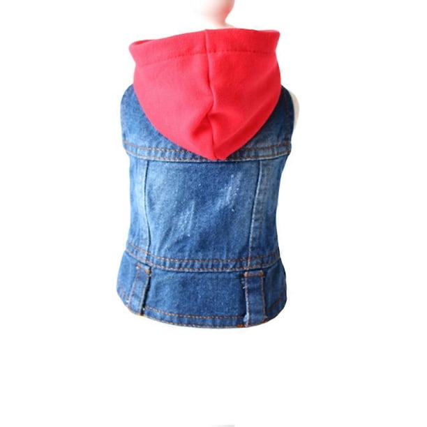 Denim Dog Jacket: Hoodie Winter Coat Stylish Denim Jumpsuit for Dogs Sweaters for Small Medium Large Dogs Lapel Vest with Red Knit Hat Size