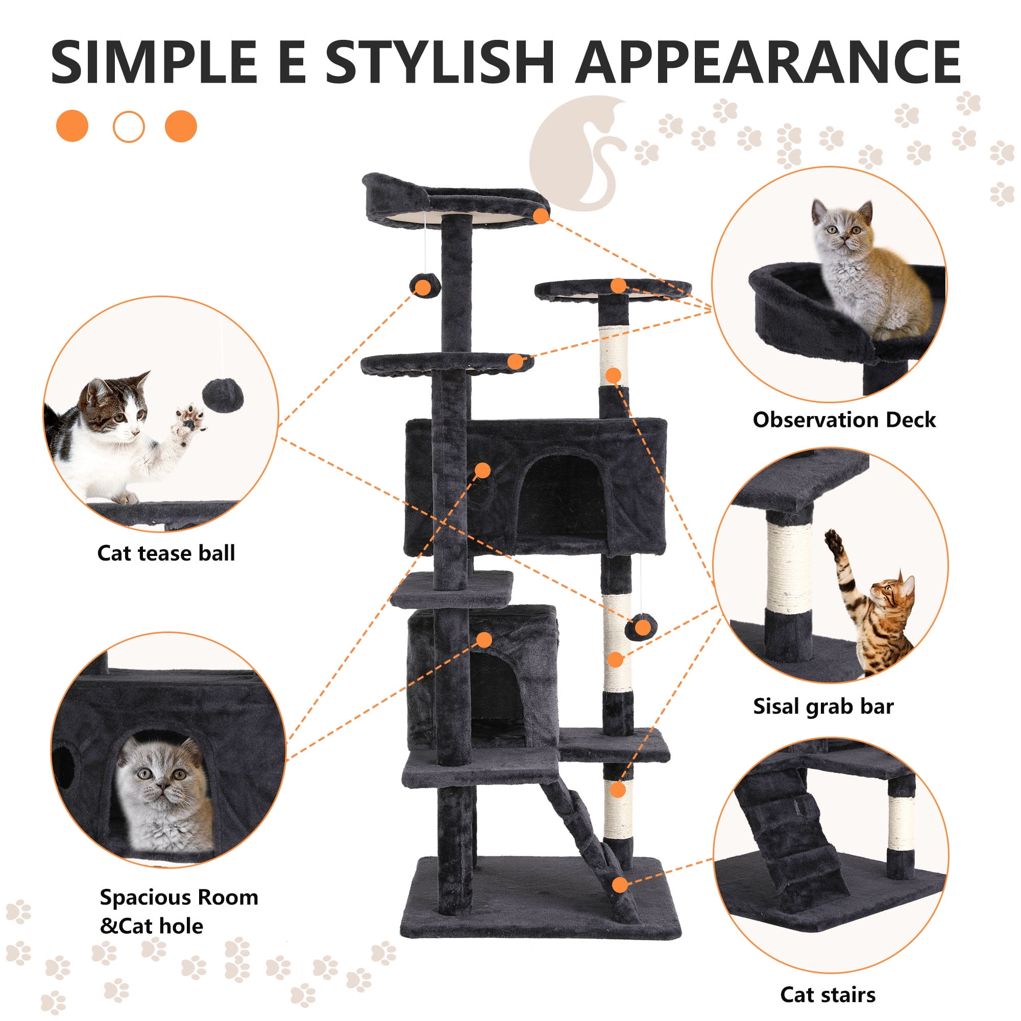 54 inch Cat Trees and Towers for Indoor Cats, Cat Condo Scratching Post for Adult Cats, Multi-Level Cat Towers for Small Cats, Dark Gray