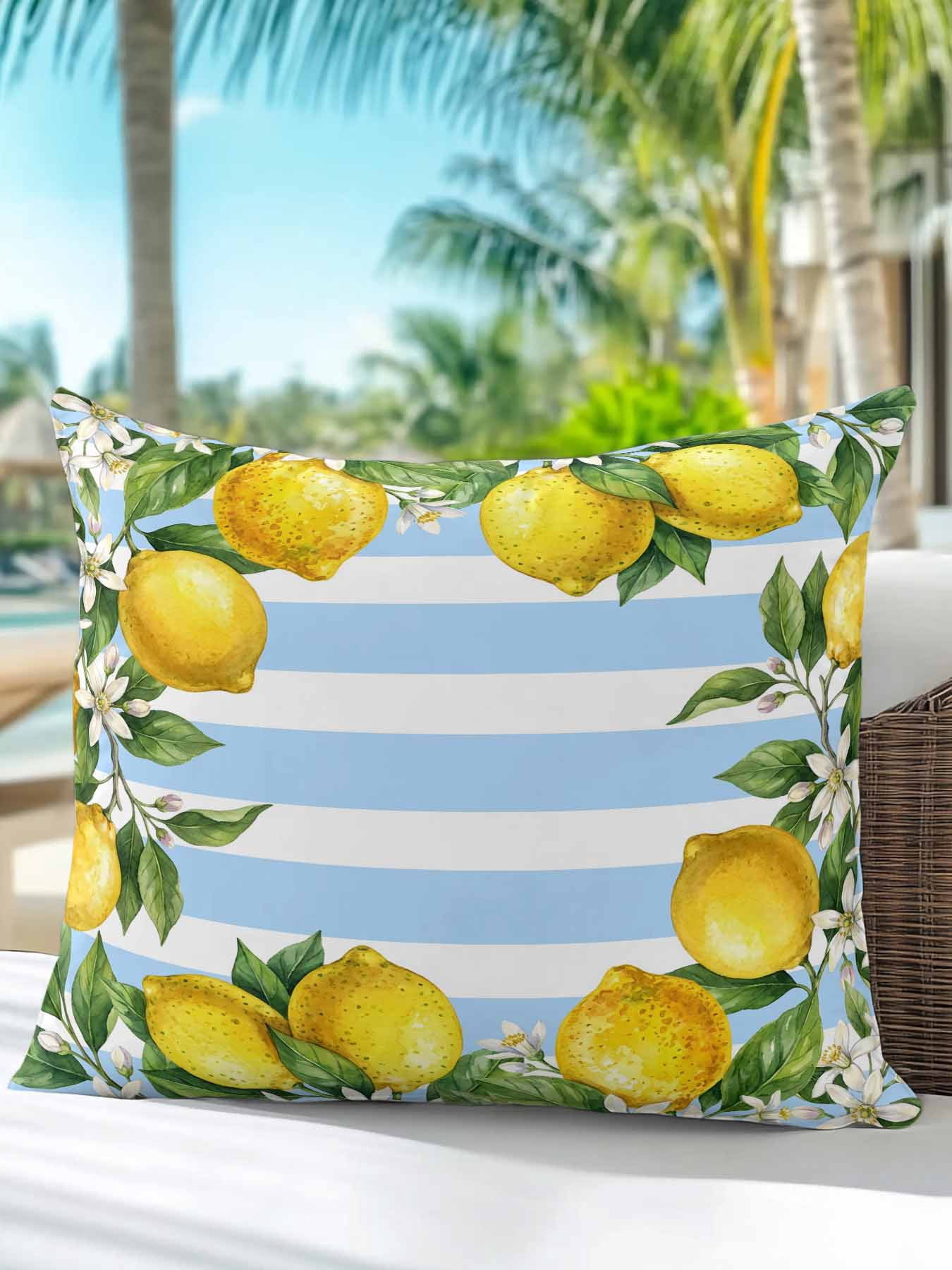 1 Pack Outdoor Pillows Waterproof, Summer Lemons Indoor/Outdoor Throw Pillows with Inserts, Fruits White Flowers Farm Blue White Stripes Decorative Pillow for Patio Furniture Chairs Couch