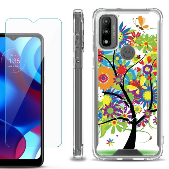 Shockproof Bumper Phone Case for Motorola Moto G Pure, with Tempered Glass Screen Protector, by OneToughShield ® - Colorful Tree