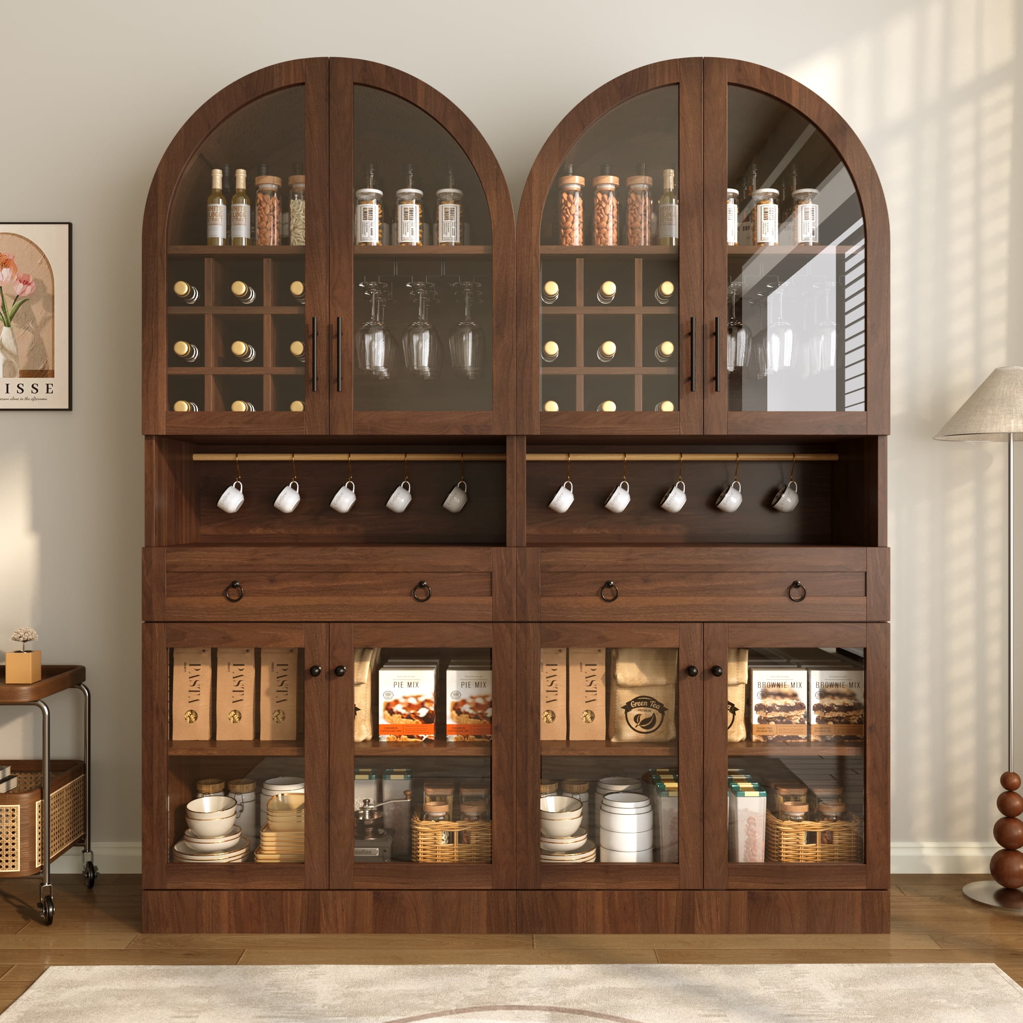 Mintazer 70" Tall Arched Bar Cabinet with Tempered Glass Doors, Freestanding Storage Buffet Sideboard with Removable Wine Rack & Cup Hooks for Dining Room Kitchen Living Room, Walnut