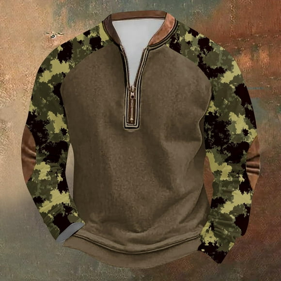 Blusas y camisas de manga larga con cuello redondo para hombre, sudadera con capucha de cuello redondo con cremallera y estampado, sudadera de manga larga, blusa de poliéster para hombre