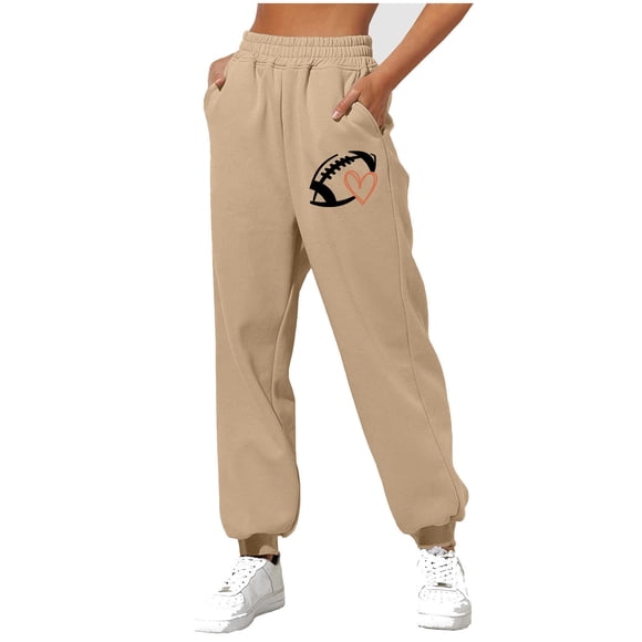 Staron Women's Casual Sweatpants Rugby Print Loose Fit Ribbed Cuff Joggers Sports Pants with Pockets, Khaki S