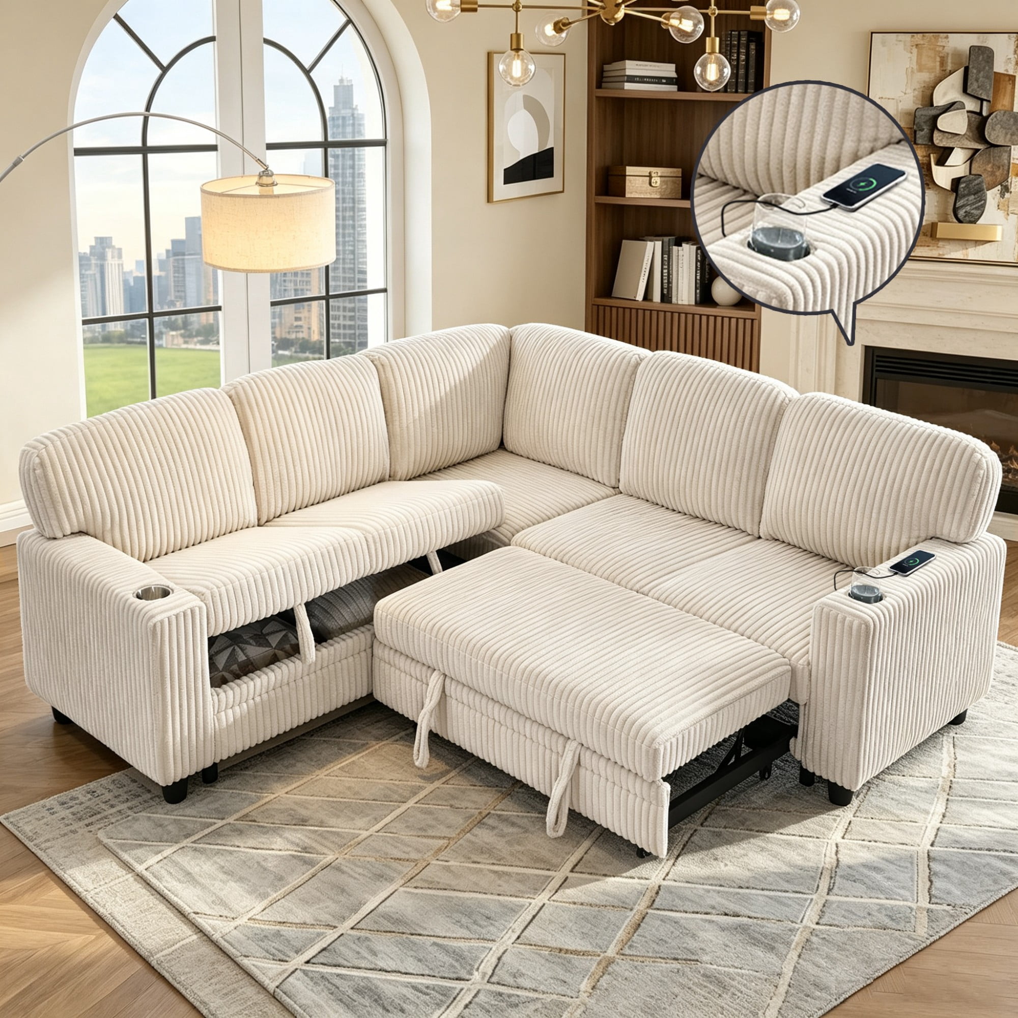 Gewnee L-Shaped Sectional Sofa,Modern Corduroy Modular Sofa with Storage Function,USB‑C Charging Ports & Cup Holders,Pull Out Couch for Living Room,Beige