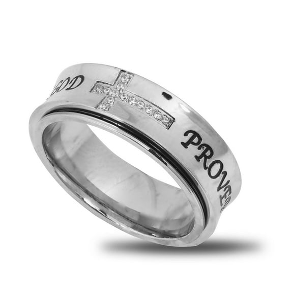 PROVERBS 31 WOMAN Shiny Spinner Ring, Stainless Steel with CZ Cross