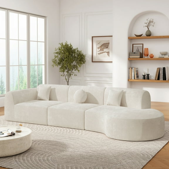 140" Modern Curved Sectional Sofa with High-Density Fully Compressed Sponge and Chaise Lounge, 3-Piece Set, Fully Assembled Right Hand Facing, Perfect for Living Room, Lounge,Beige