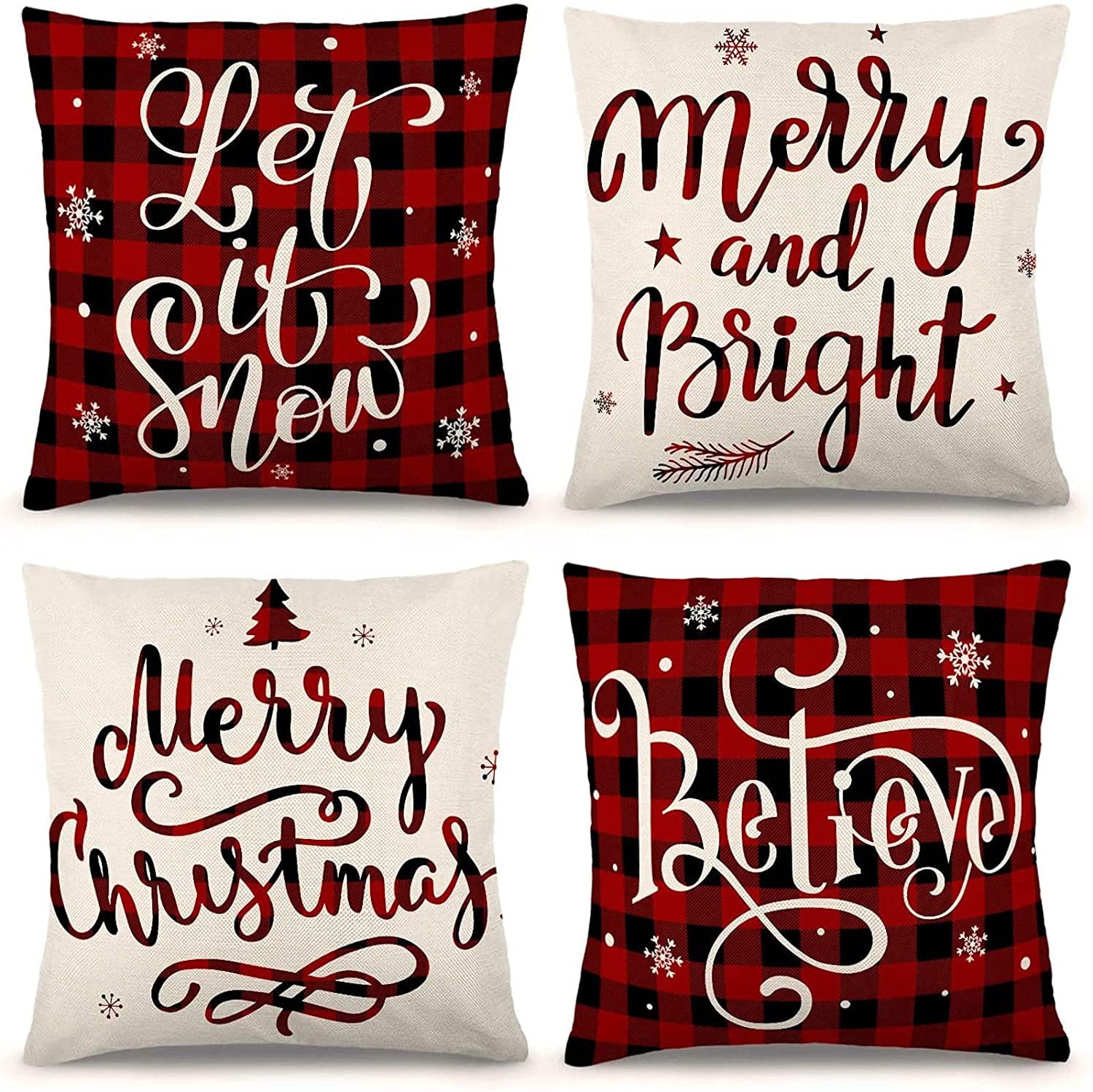 DecorX Christmas Pillow Covers 18x18 Set of 4 Farmhouse Black and Red Buffalo Check Plaid Throw Pillow Covers Outdoor Rustic Linen Pillow Case for Sofa Couch Christmas Decorations