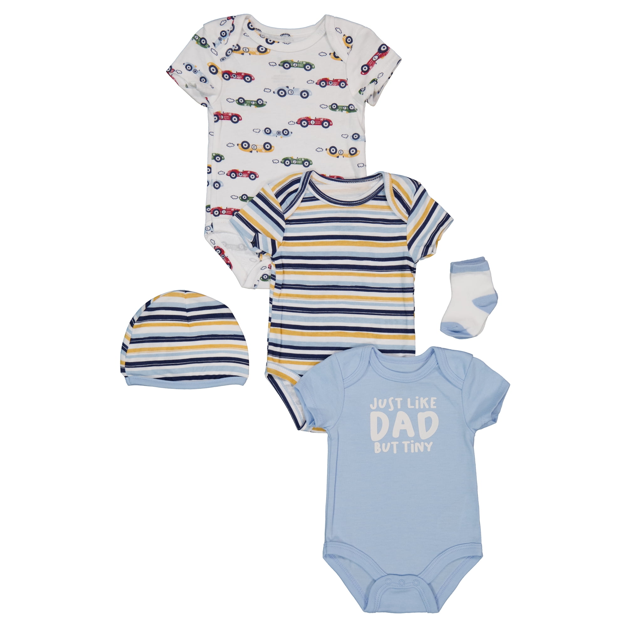 Baby Essentials Baby Boys' 4-Piece Bodysuits, Hat, and Socks Set Color: multi Size: 9 months