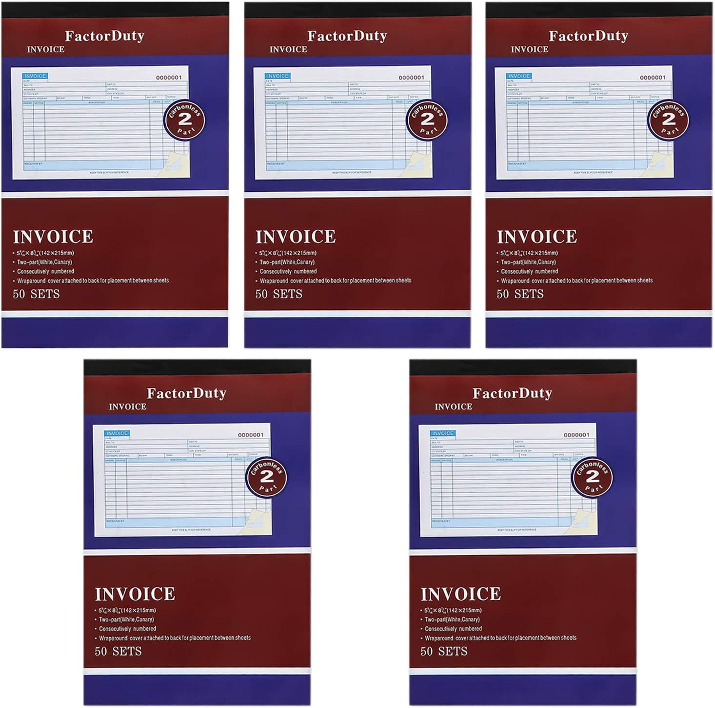 5 Pack Large Sales Order Book Receipt Invoice Duplicate Carbonless 50 Sets 5.5" X 8"5 - Horizontal