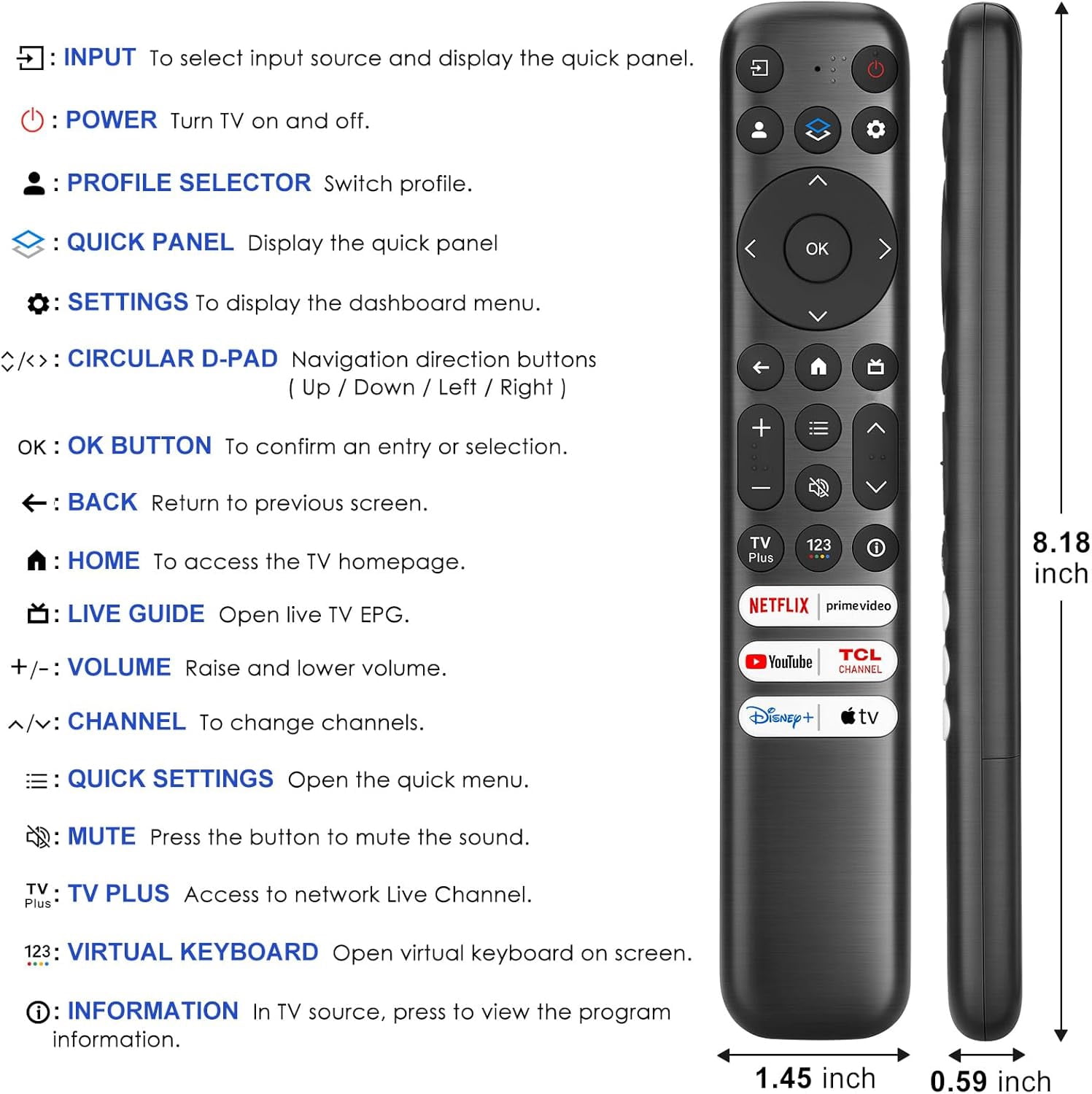 Replacement for TCL Google TV Remote Control, RC813 Compatible with TCL QM8/QM7/S5/S4/S3/Q7/Q6/Q5 4K UHD HDR LED QLED QD-MiniLED Full-HD Smart TVs