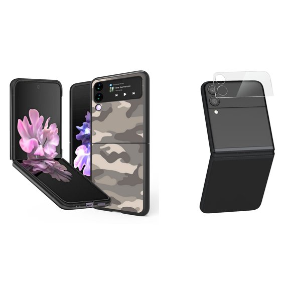 Bemz Premium Bundle for Samsung Galaxy Z Flip 3 5G: Slim Snap-On Protector Case (Grey Camo), Rear Camera Glass Protector