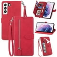 thumbnail image 1 of Tarise for Samsung S22 Plus Wallet Case for Men Women, Galaxy S22+ 5G Cover, Embossed Premium PU Leather Magnet Buckle Card Slots Zipper Pocket Lanyard Wrist Strap Handbag All-inclusive Case, Red, 1 of 7