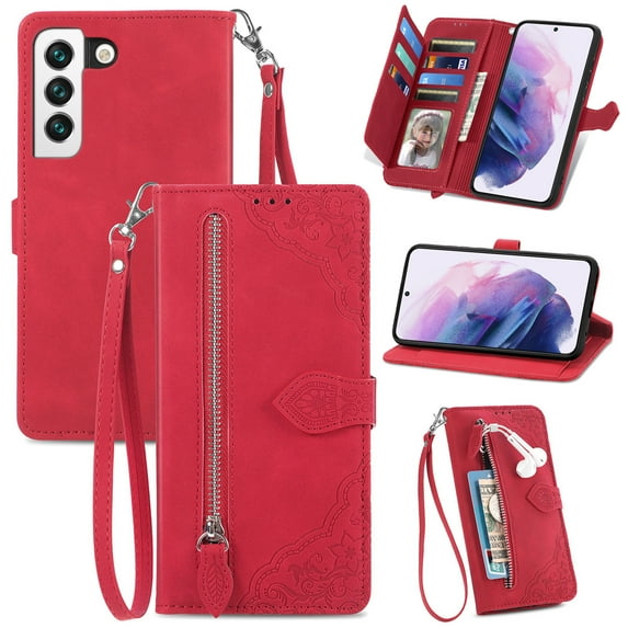 Tarise for Samsung S22 Plus Wallet Case for Men Women, Galaxy S22+ 5G Cover, Embossed Premium PU Leather Magnet Buckle Card Slots Zipper Pocket Lanyard Wrist Strap Handbag All-inclusive Case, Red