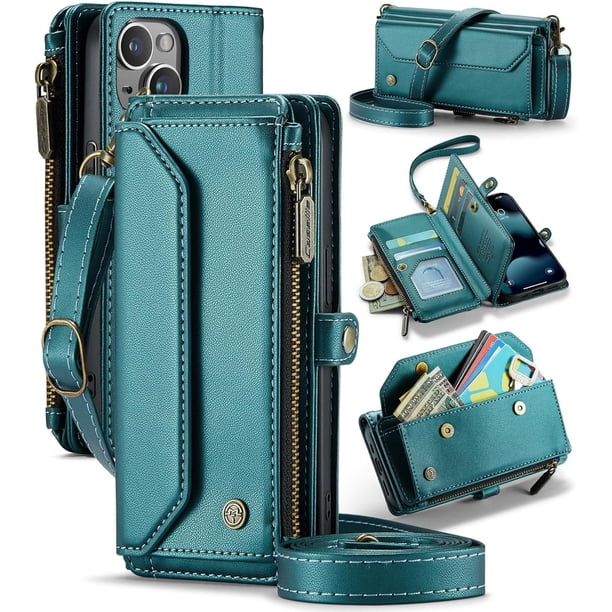 funda para iPhone 13 Mini, Funda para teléfono tipo Billetera Cruzada con Soporte de Bloqueo RFID, Ranuras para Tarjetas de Carga Inalámbrica Anticaídas, Bandolera de Cuero PU