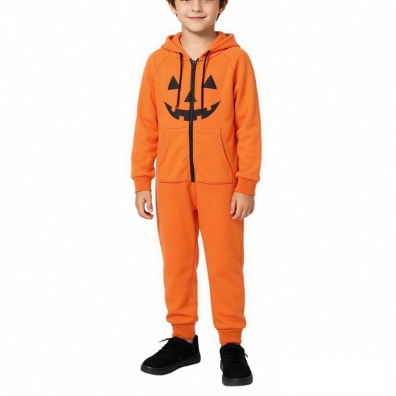 jiaxiM Front Zip Onesie, Long Sleeve Jumpsuit, Halloween Casual Sleepwear, Classic Pumpkin Face Printed One Piece, Loose Fit Indoor Loungewear