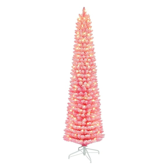 7.5 ft Pre-lit Flocked Fashion Pink Pencil Tree 708 Tips 300 UL Clear Incandescent Lights