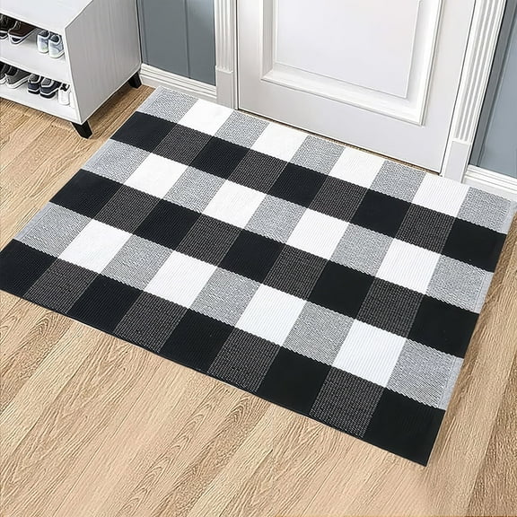 Black and White Checkered Rug, 27.5x43 Inches Buffalo Plaid Outdoor Rug, Washable Cotton Hand-Woven Plaid Door Mat for Front Porch Kitchen Entryway Farmhouse Patio Bathroom