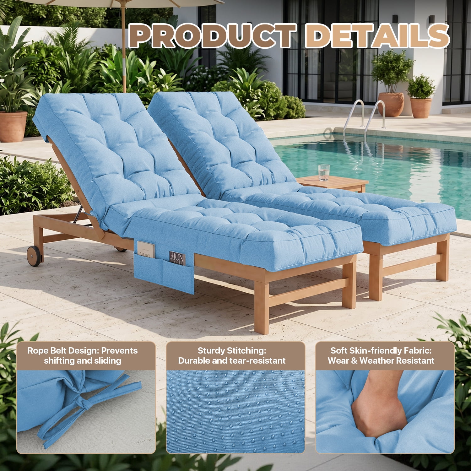 BaPiPro Sky Blue 2-Pack Outdoor Chaise Lounge Cushion with Side Pocket, Triple Non-Slip Fixation, All-Weather Durable & Soft Fabric, Thickened Padding, Ideal for Patio and Poolside Use