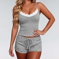 thumbnail image 2 of MEZZALL Women 2 Piece Sleepwear Set Lace Spaghetti Strap Ribbed Camis Tops Drawstring Scalloped Shorts Bowknot Print Pajama Set for Daily Home Relaxation Stylish Pjs, 2 of 4