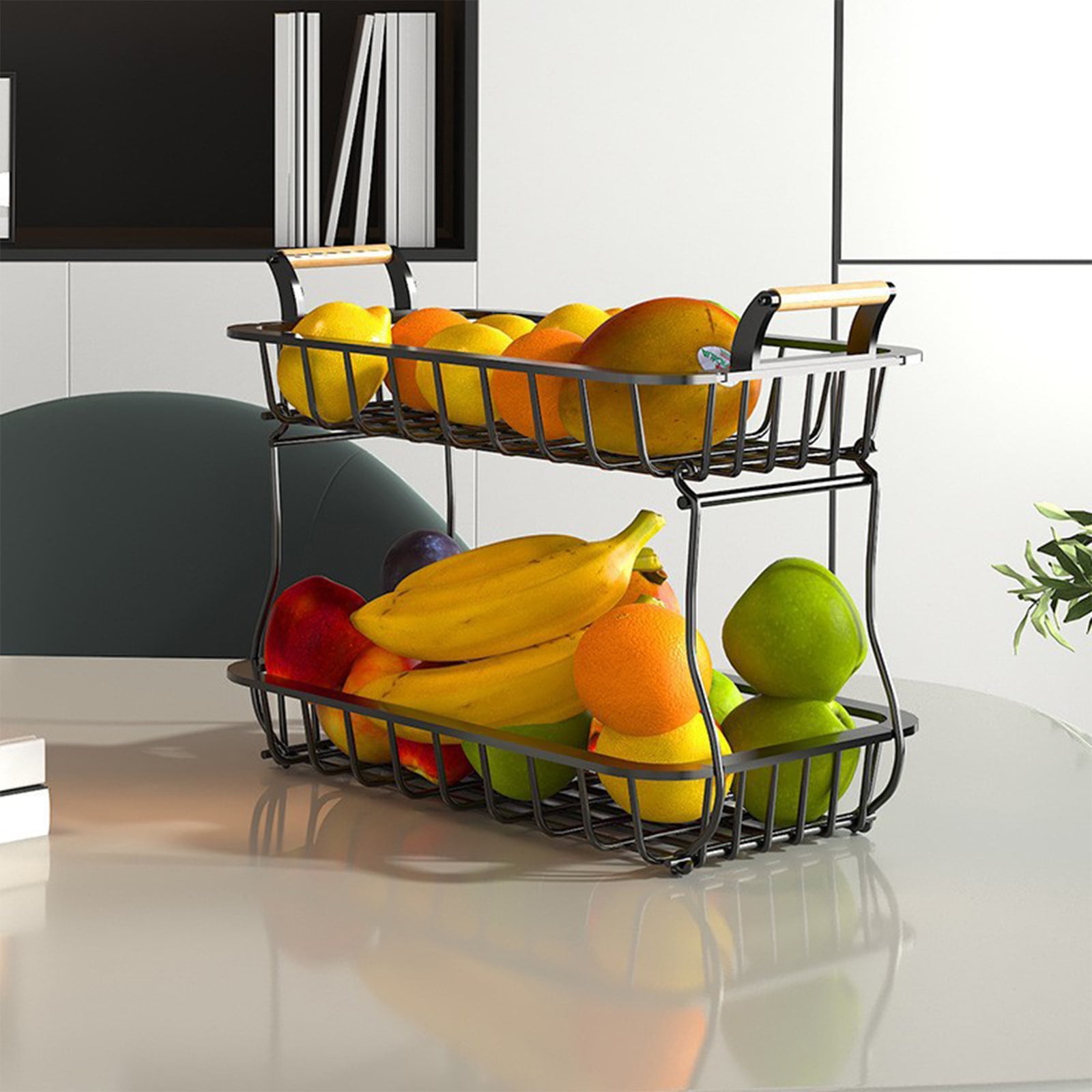 Lot De 2 Paniers Muraux Empilables En Maille Métallique Avec Couvercle Bois - Rangement Cuisine