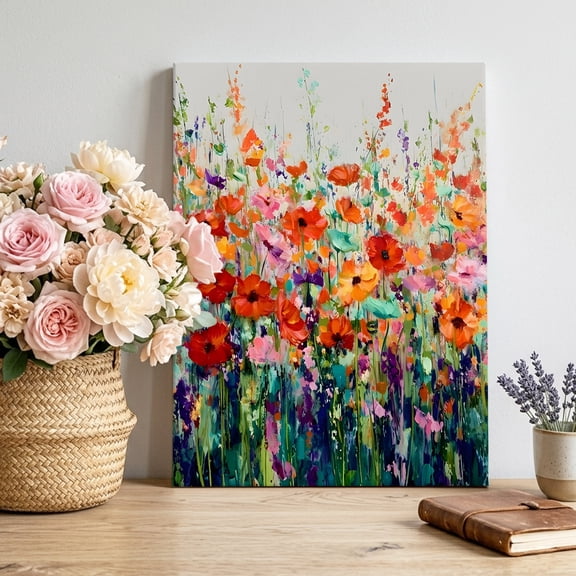 Colorful Flower Canvas Wall Art, Wildflower Garden Impressionist Pictures Wall Decor Wooden Framed Artwork Art Prints for Living Room Hallway Bedroom Office 8"x12"